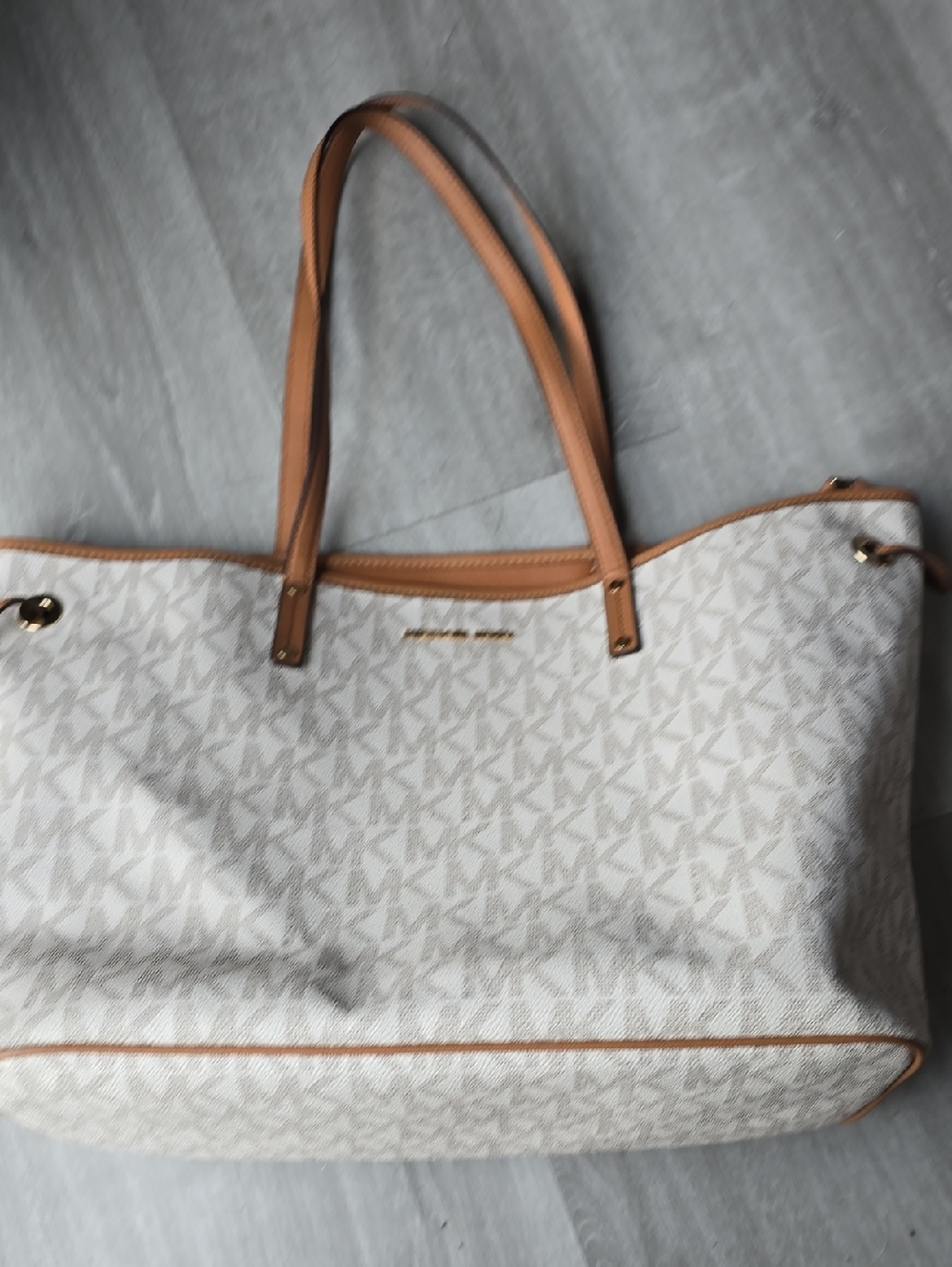 Michael Kors Cream and Tan Signature Tote With Small Zipper Compartment
